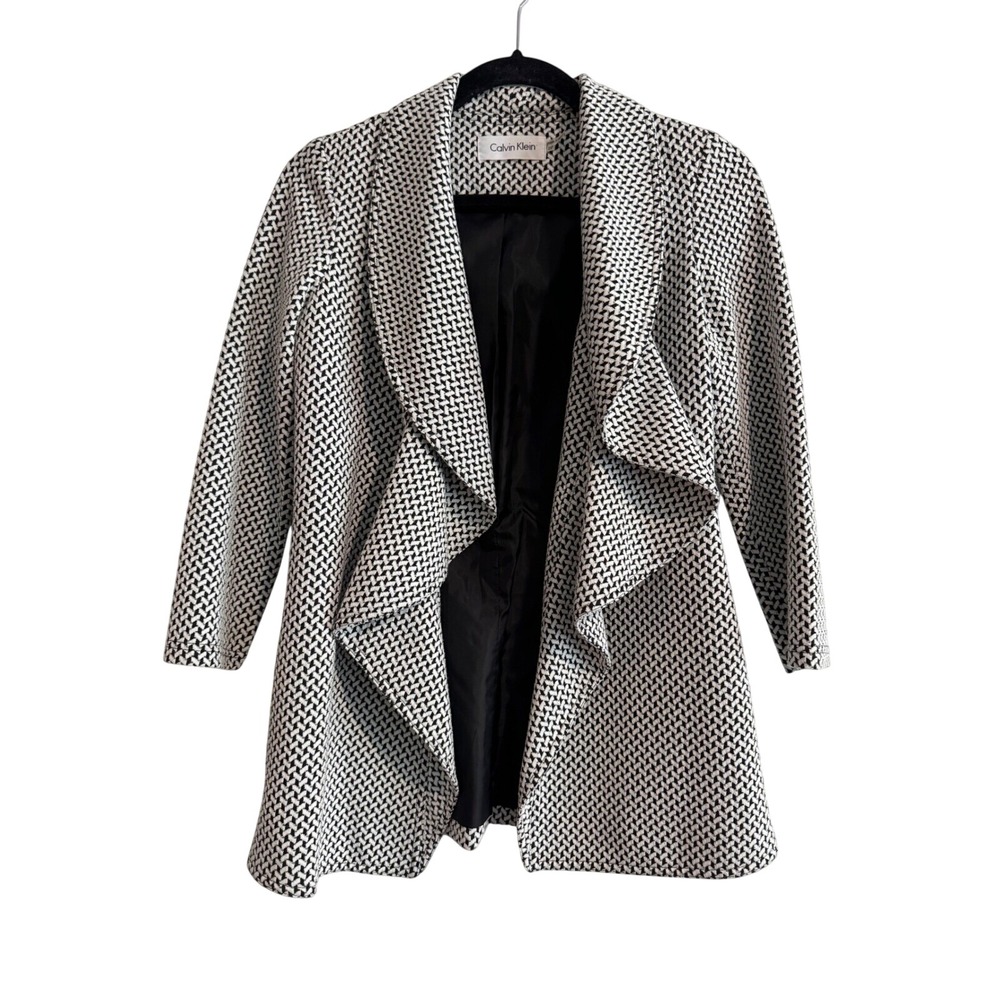 Calvin‎ Klein Ruffle Front Blazer Women 2P Black White Geometric Professional